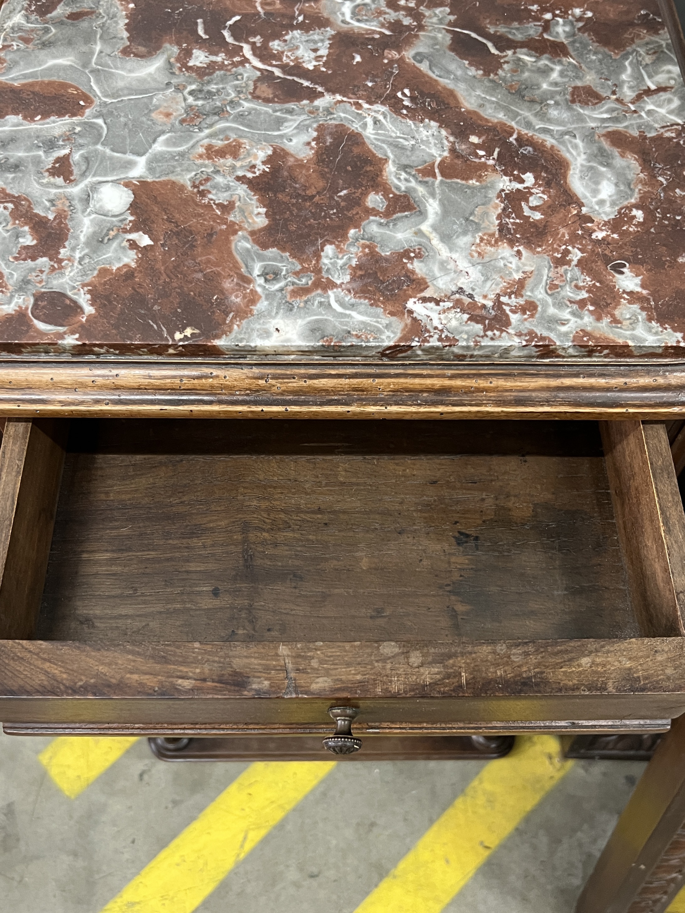A late 19th century French marble topped walnut bedside cabinet, width 44cm, depth 38cm, height 87cm